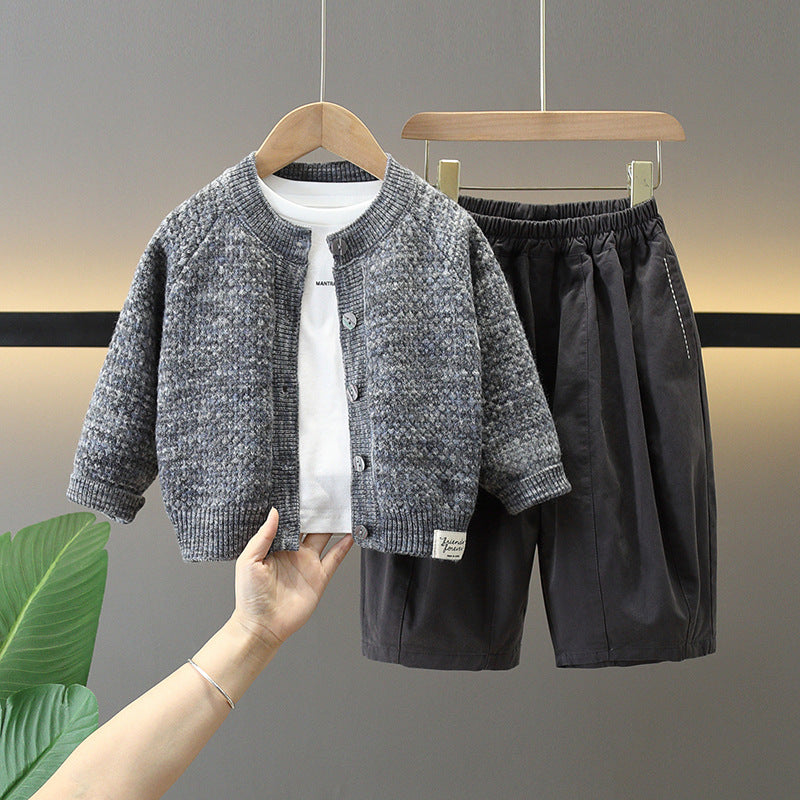 Boy Cozy Knit Cardigan T-Shirt & Shorts 3-Piece Set