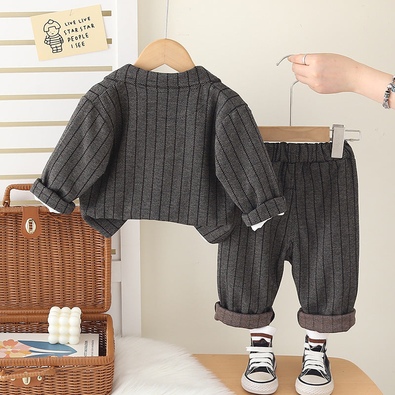 Boy Striped Bow Tie Blazer Jacket and Pants Set