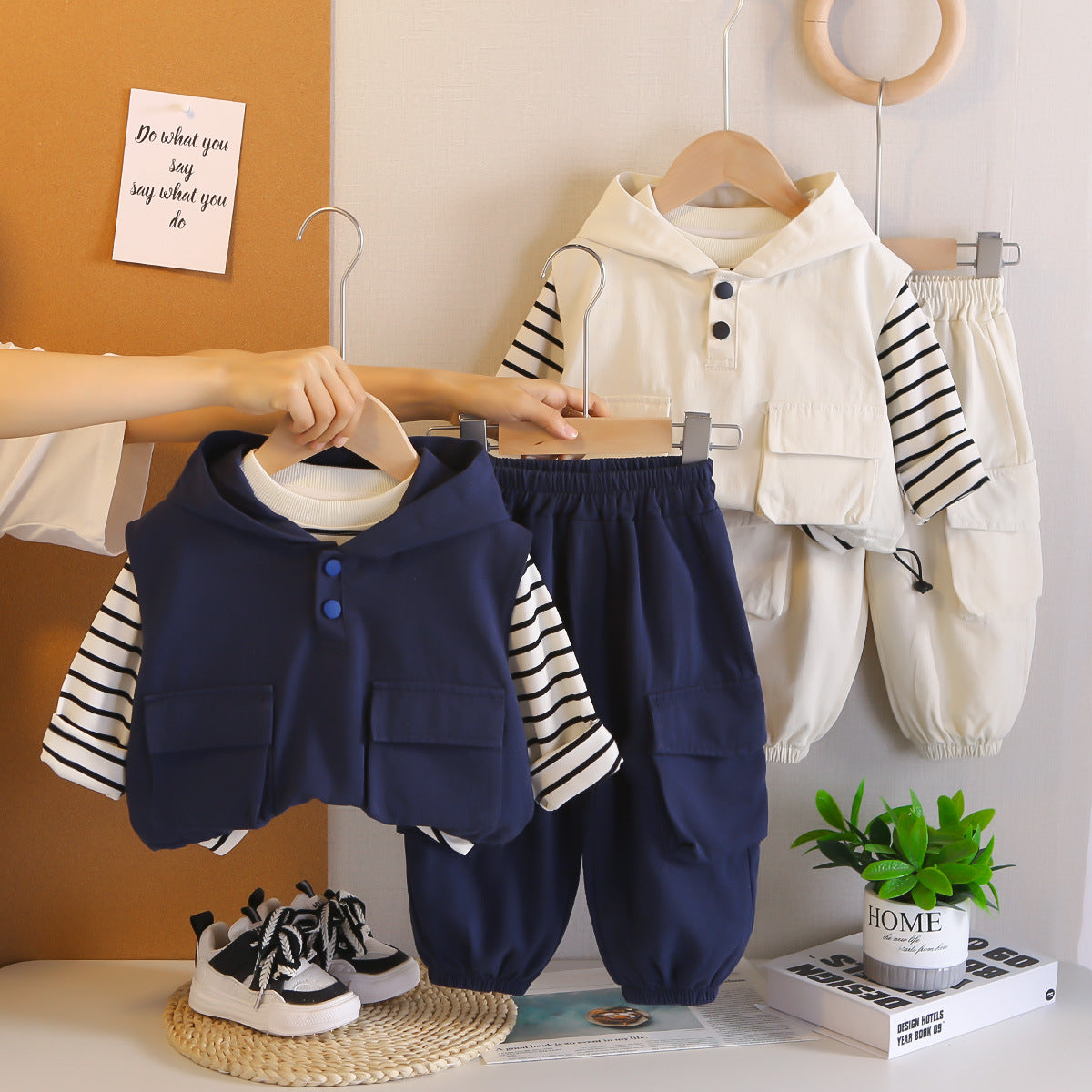 Boys Striped Hooded Cargo Vest 3 Piece Set