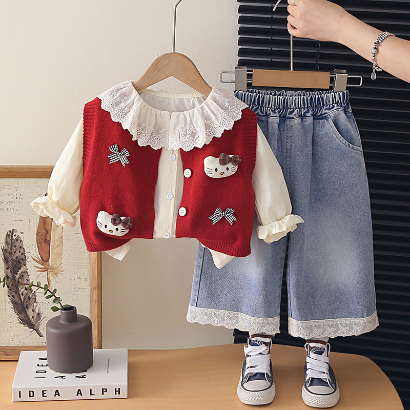 Girl Cute Bow Applique Knit Vest & Lace Trim Denim Pants Set