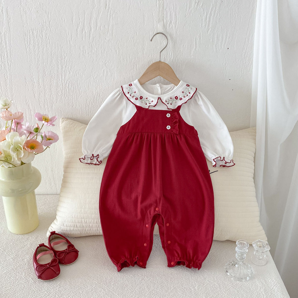 Girl Embroidered Collar Long Sleeve Romper