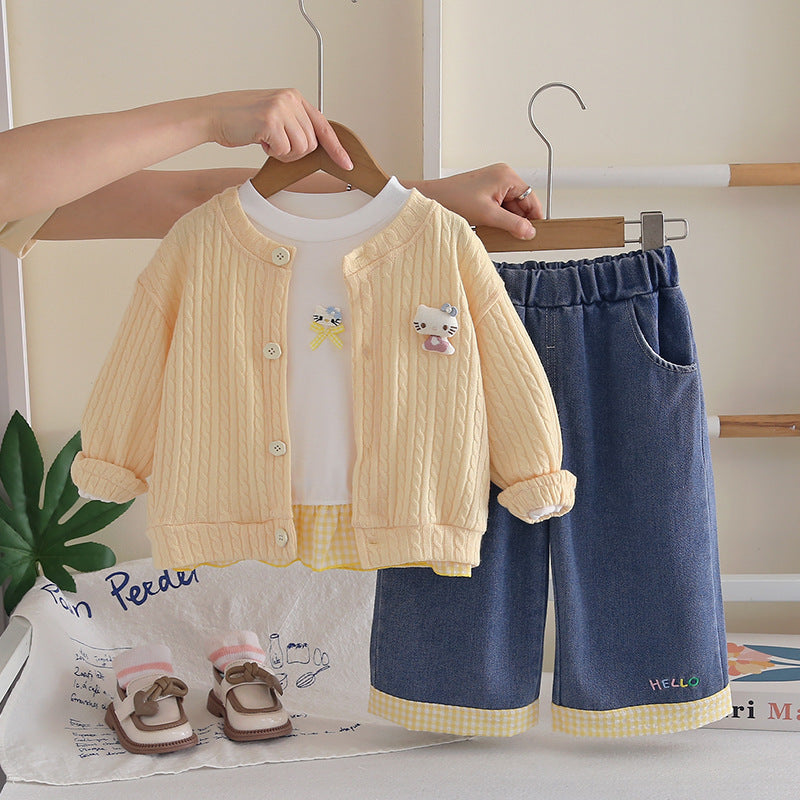 Girls Cable Knit Cardigan Sweater 3-Piece Spring Autumn Set