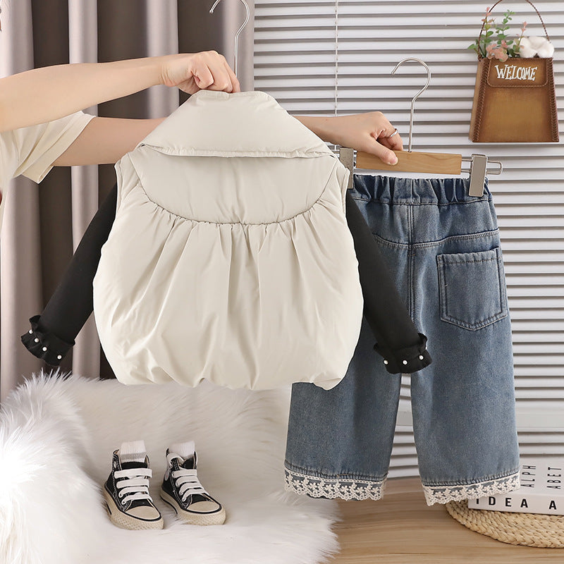 Girl Casual Puff Vest Denim Lace Trim Pants 3-Piece Set