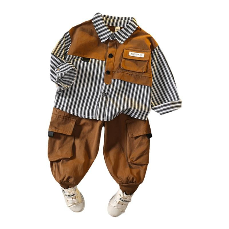 Boy Striped Contrast Pocket Shirt & Cargo Pants Set