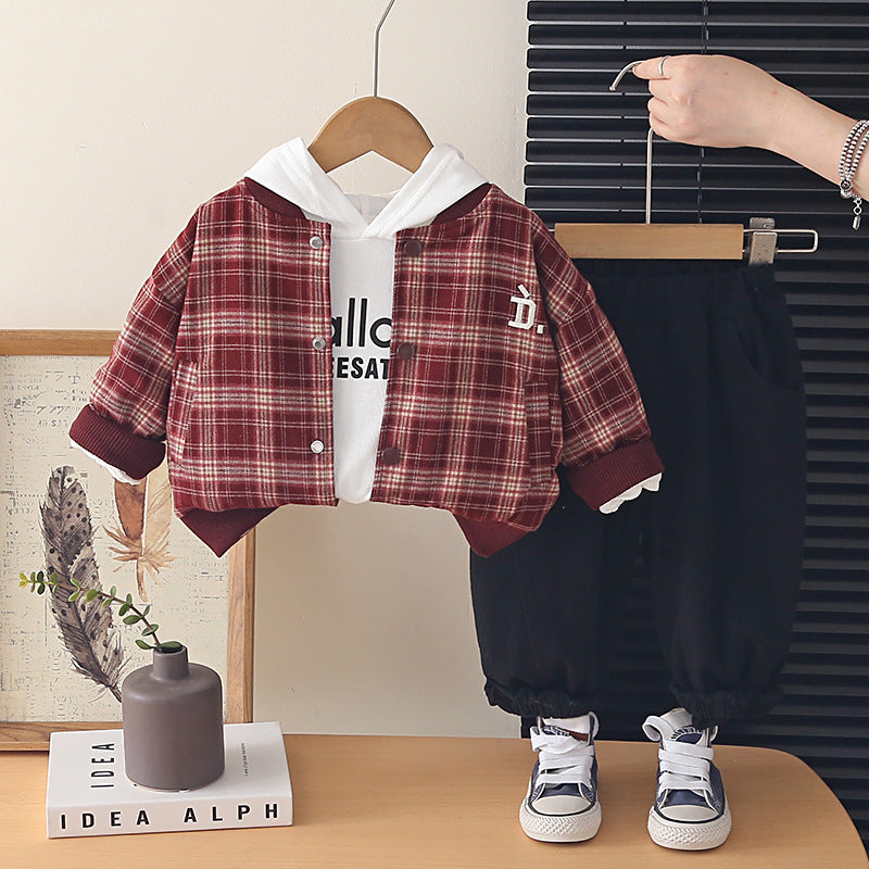 Boy Plaid Jacket, Hoodie & Jogger Pants Set