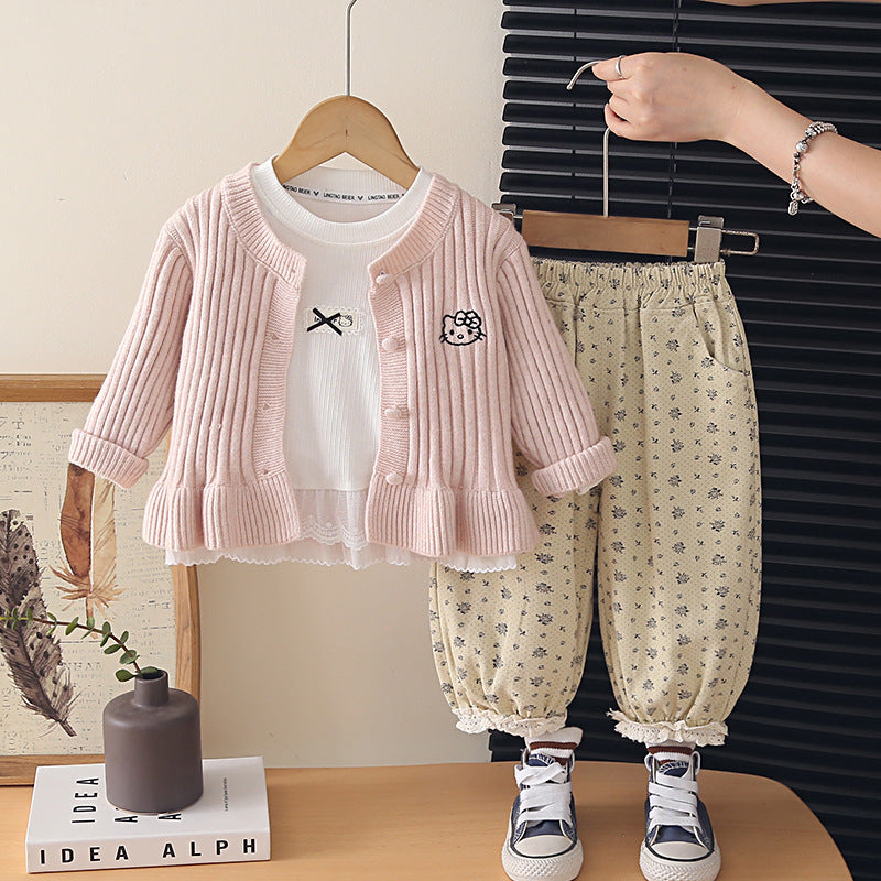 Girl Embroidered Cardigan & Floral Pants Set
