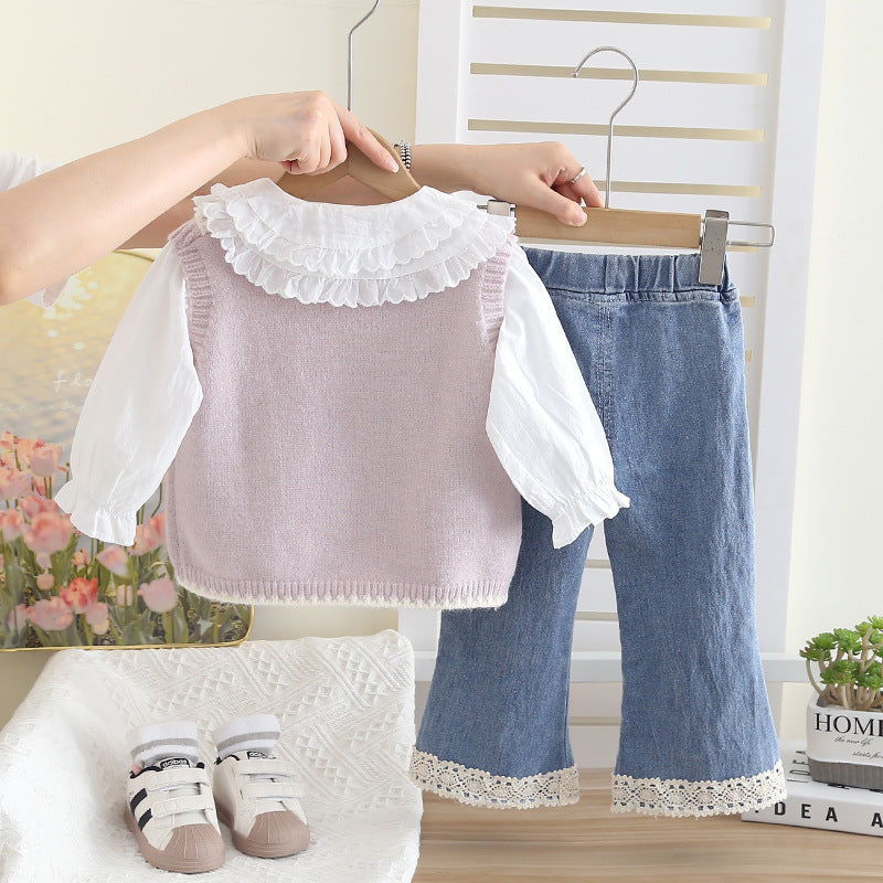 Soft Knit Vest, Blouse & Lace Trim Denim Pants Set