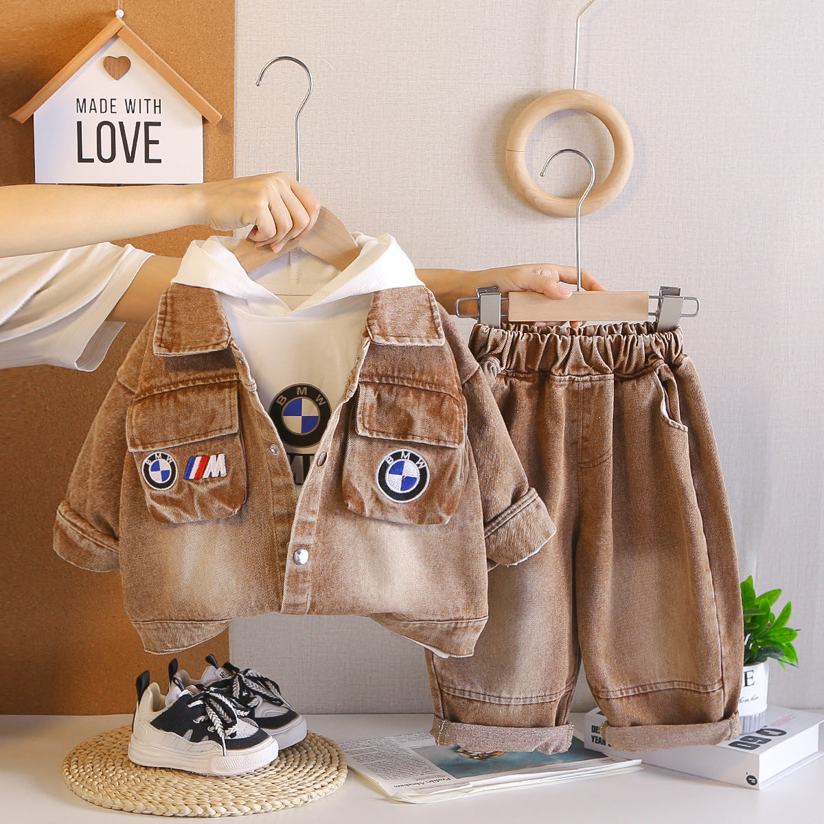 Boys Denim Patch Hooded Jacket Set