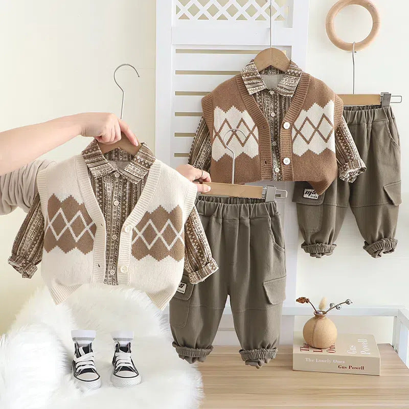 Boy Argyle Vest, Shirt & Cargo Pants Set