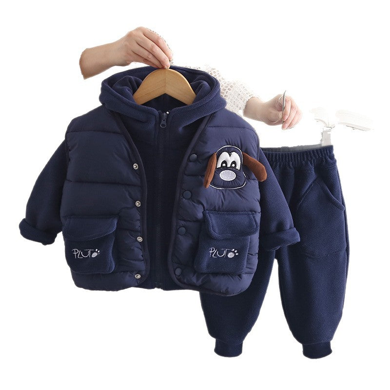 Boy Puppy Applique Hooded Jacket with Puffer Vest Set