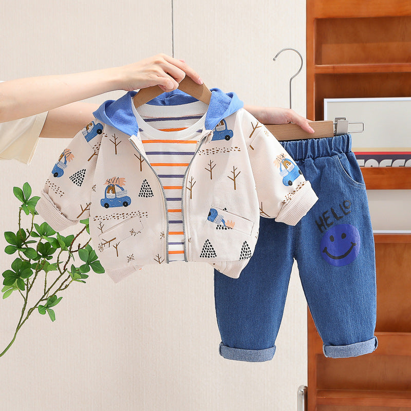 Boy Printed Hooded Jacket Striped Top & Jeans 3-Piece Set