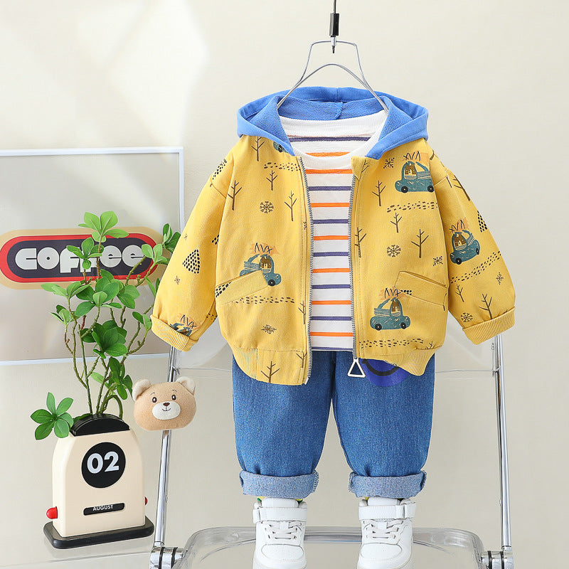 Boy Printed Hooded Jacket Striped Top & Jeans 3-Piece Set