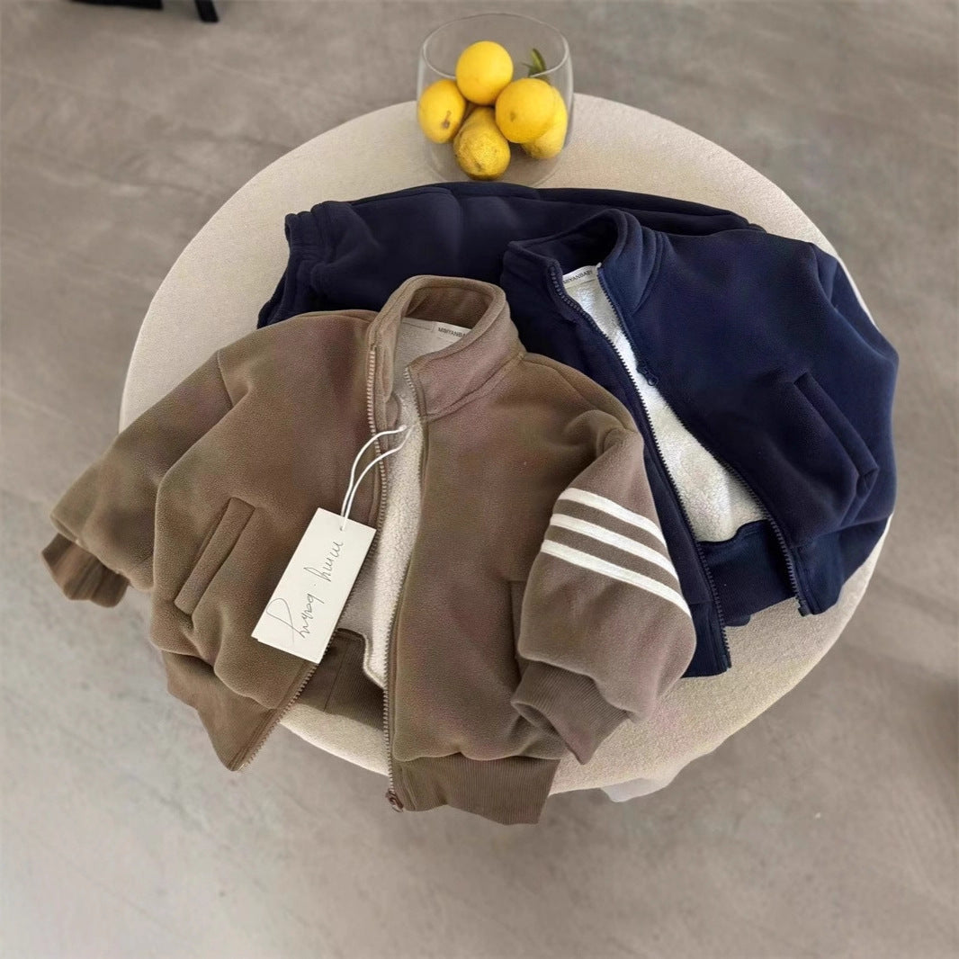 Boy & Girl Striped Sleeve Sherpa Fleece Jacket & Joggers Set