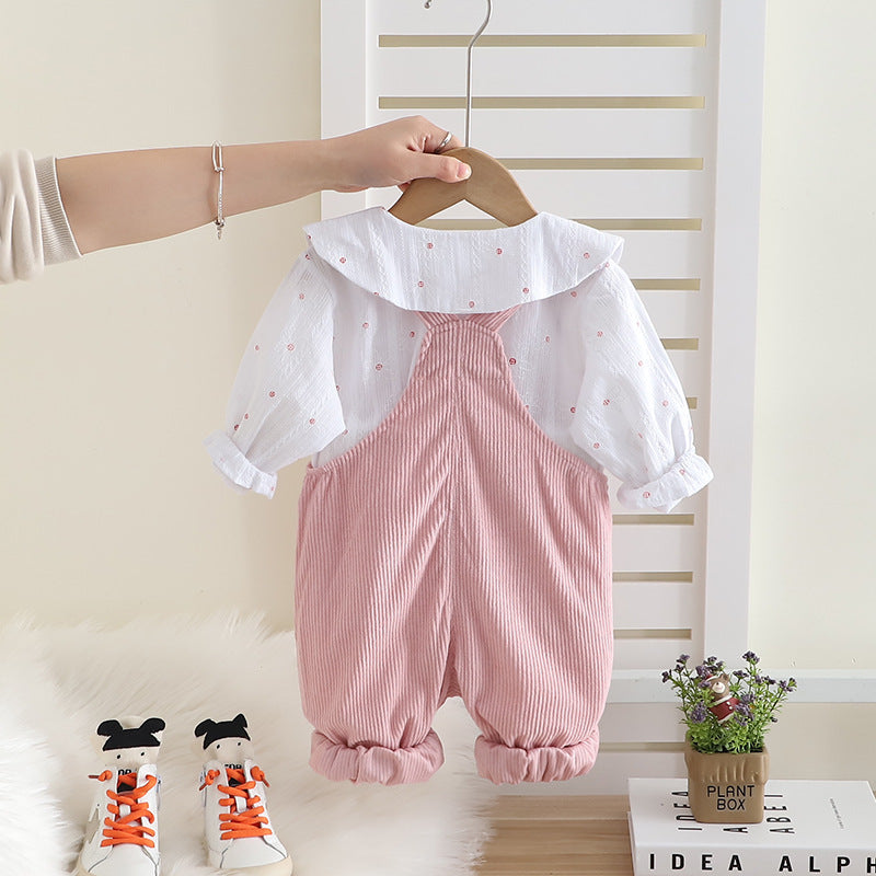 Girl Cute Bunny Pocket Collar Shirt Romper Set