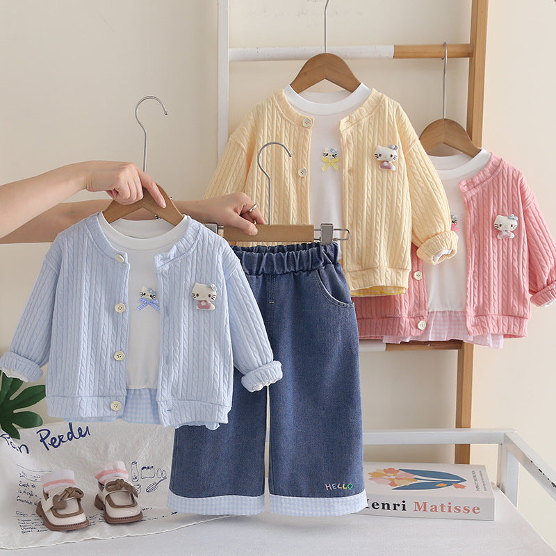 Girls Cable Knit Cardigan Sweater 3-Piece Spring Autumn Set