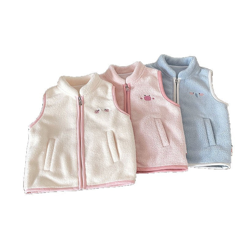 Kids' Cartoon Animal Color Block Zip-Up Fleece Stand Collar Vest for Autumn Winter
