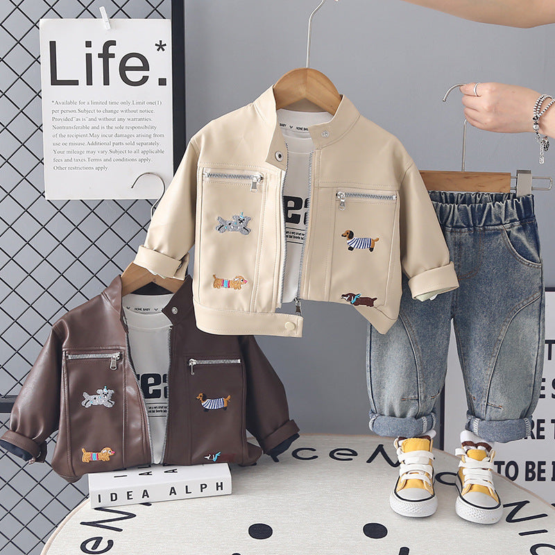 Boy Puppy Embroidered Faux Leather Jacket & Denim Pants Set