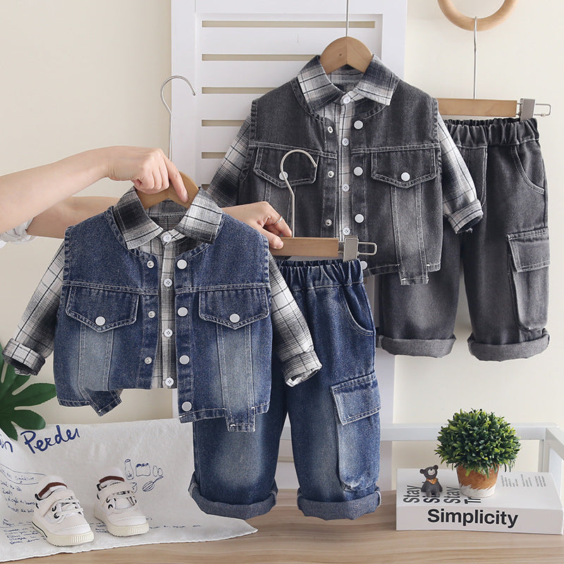 Boy Plaid Denim Vest, Shirt & Cargo Pants Set