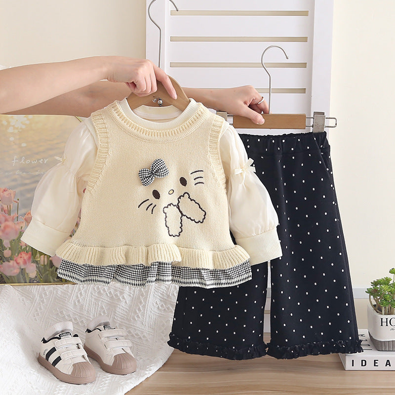 Girl Cute Cat Knit & Polka Dot Pants Set