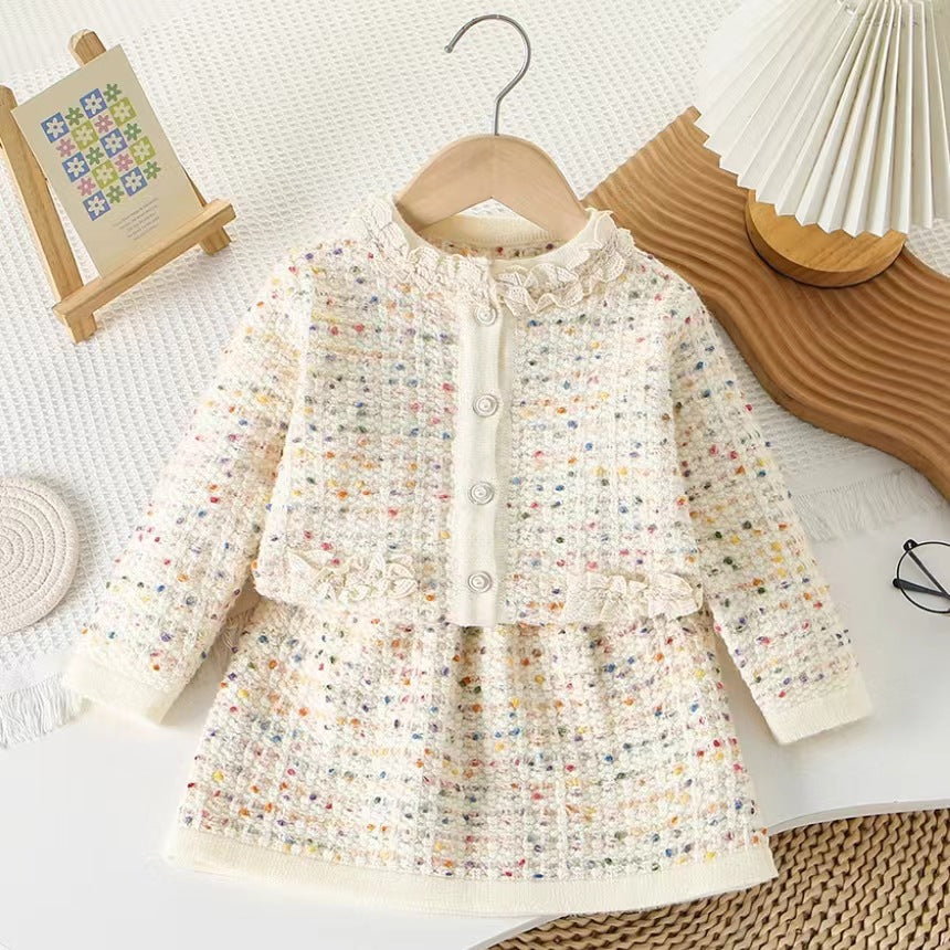 Girl Tweed Cardigan & Skirt 2-Piece Set