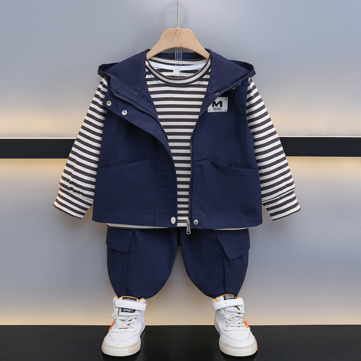 Boy Striped Long Sleeve Top Cargo Pants & Hooded Vest 3-Piece Set