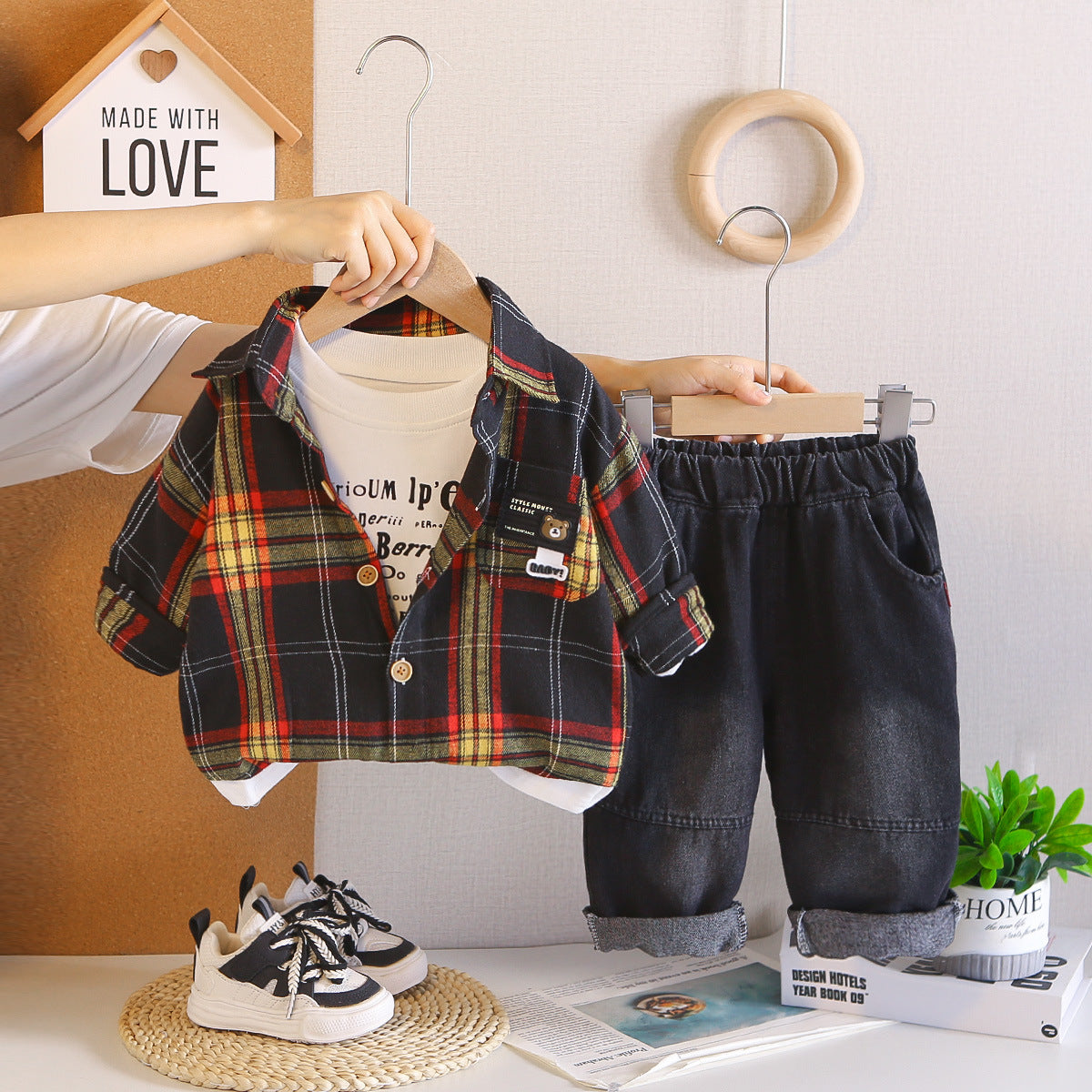 Boys Kids Plaid Shirt Jacket T-shirt Pants Casual Outfit Set