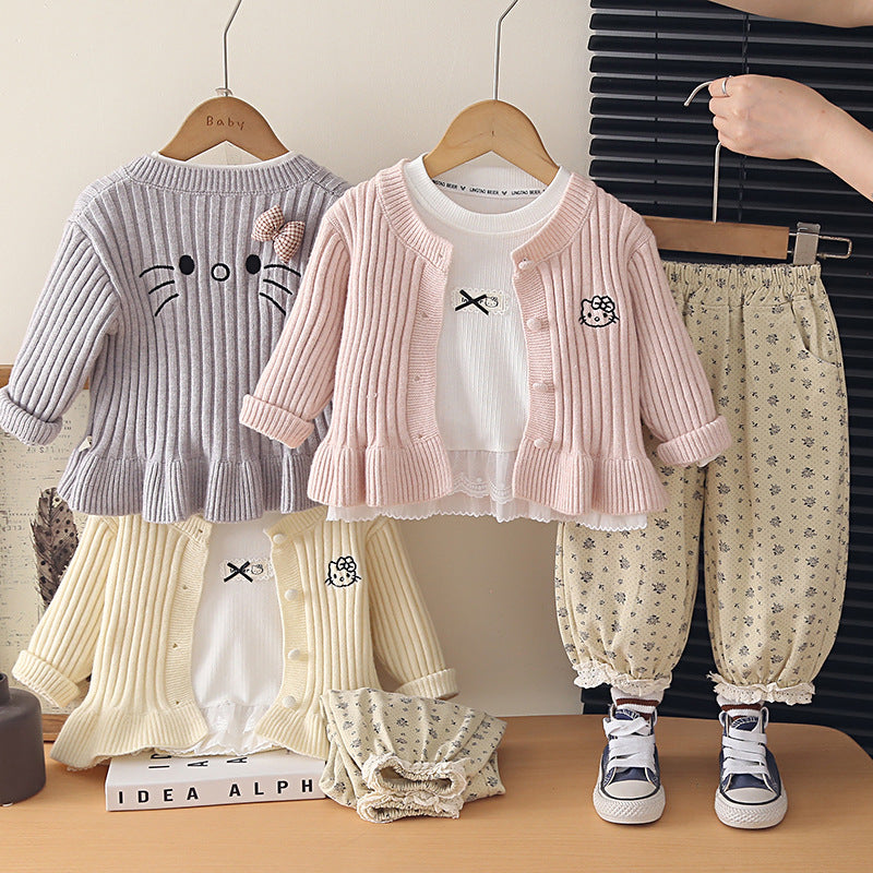 Girl Embroidered Cardigan & Floral Pants Set