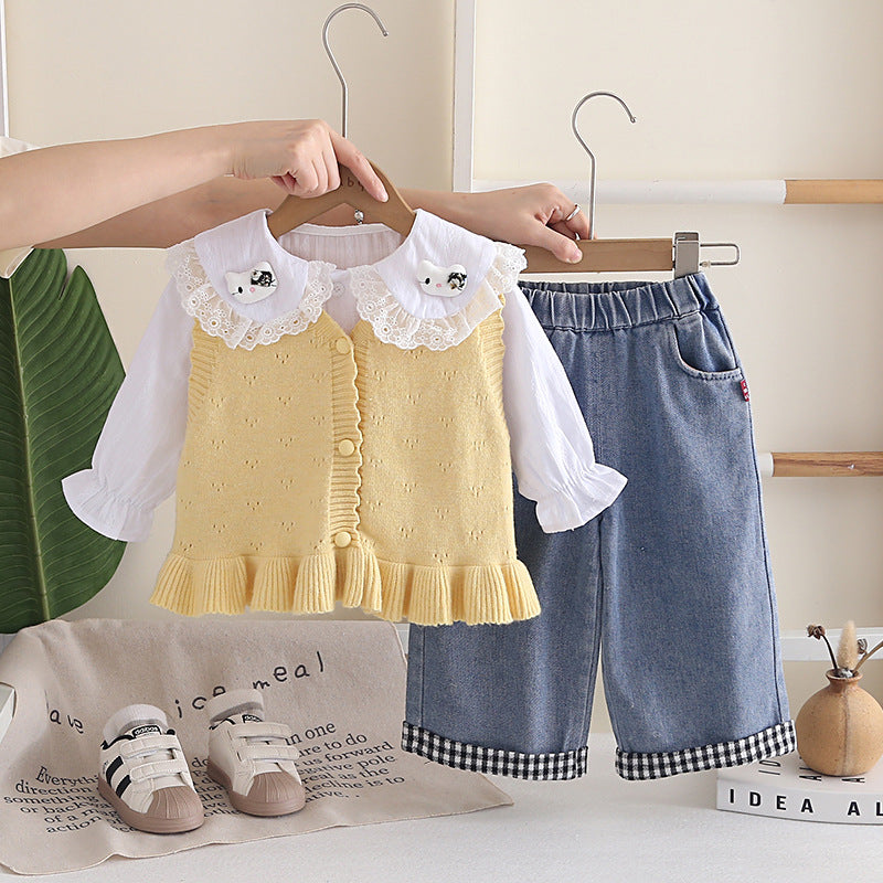 Girl Lace Collar Knit Vest, Shirt & Denim Pants Set