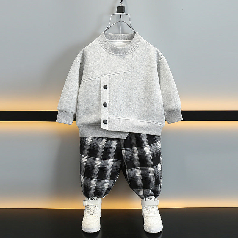 Boy Plaid Pants & Button Detail Sweatshirt Set