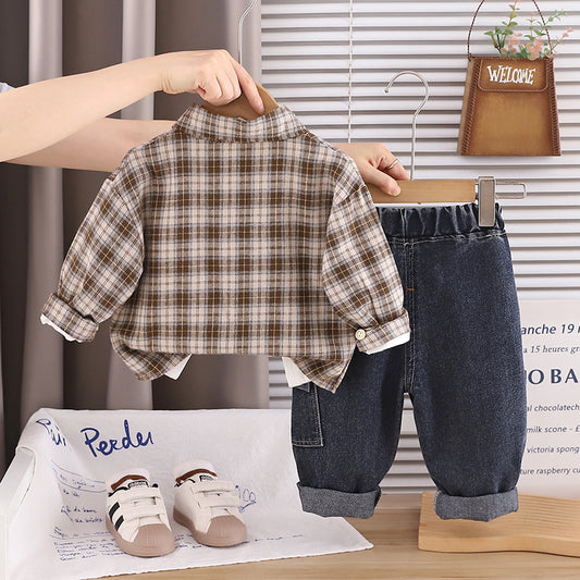 Boy Casual Plaid Shirt, Tee & Denim Pants Set