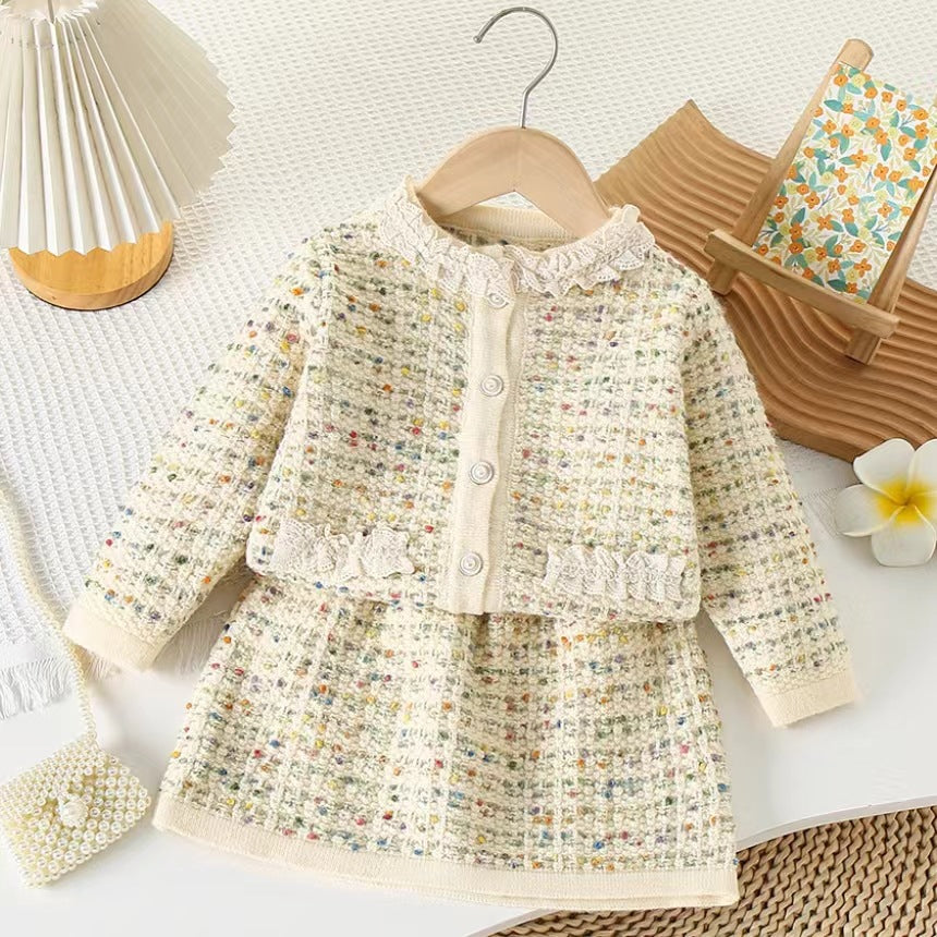 Girl Tweed Cardigan & Skirt 2-Piece Set