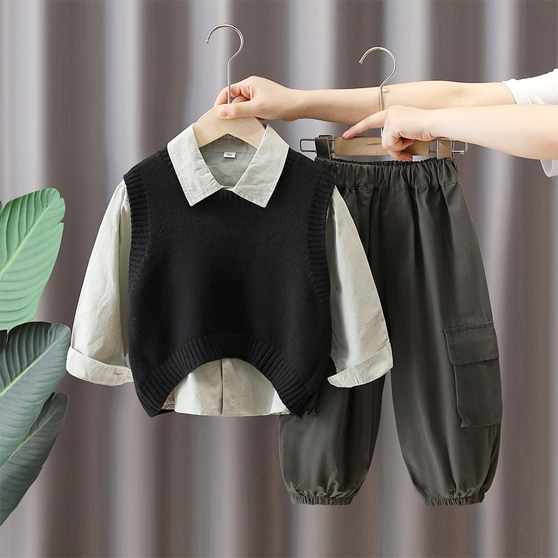 Boy Casual Shirt, Vest & Cargo Pants Set