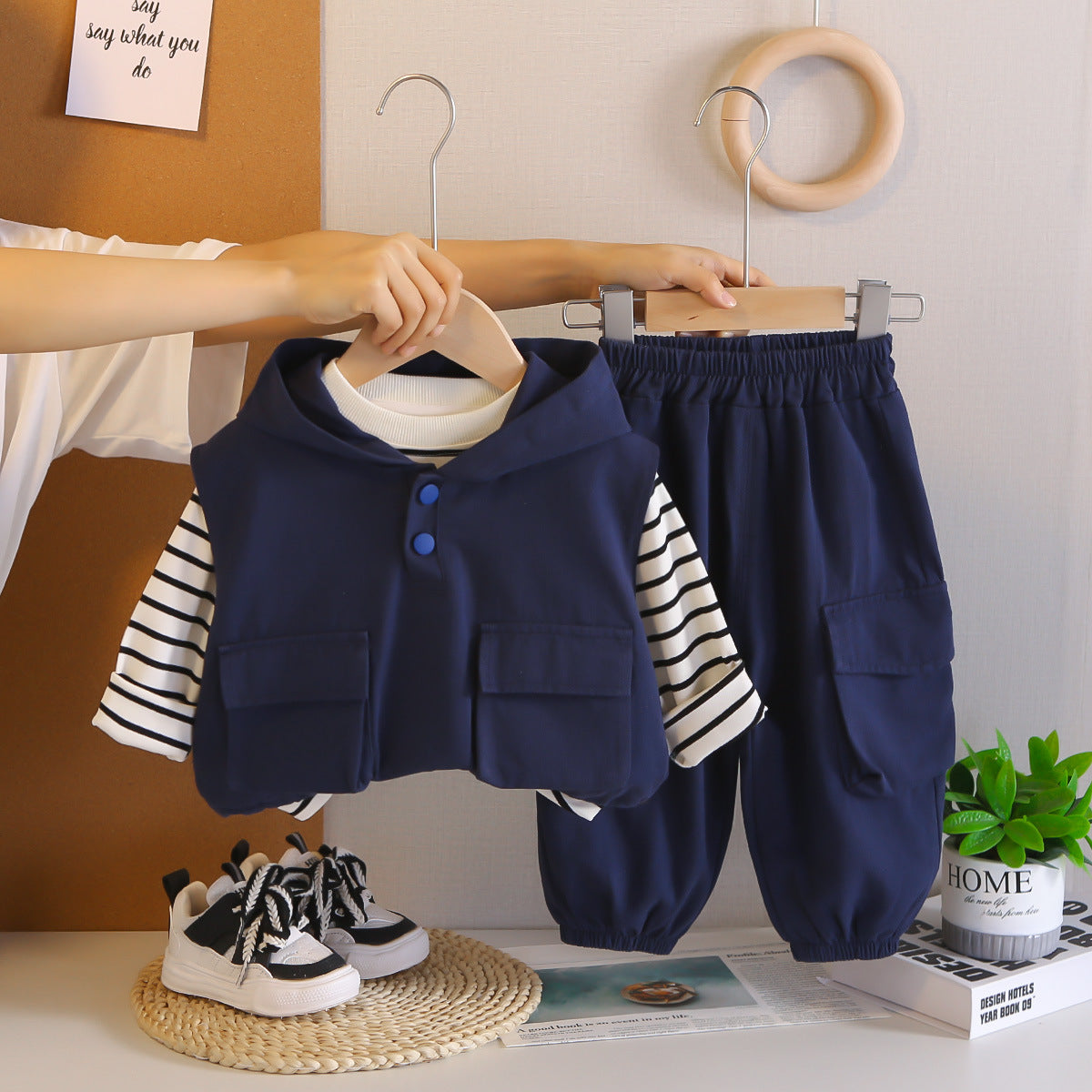Boys Striped Hooded Cargo Vest 3 Piece Set