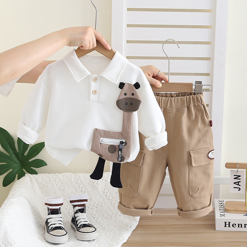 Boy Giraffe Applique Collar Top & Cargo Pants 2-Piece Set