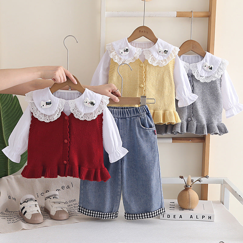 Girl Lace Collar Knit Vest, Shirt & Denim Pants Set