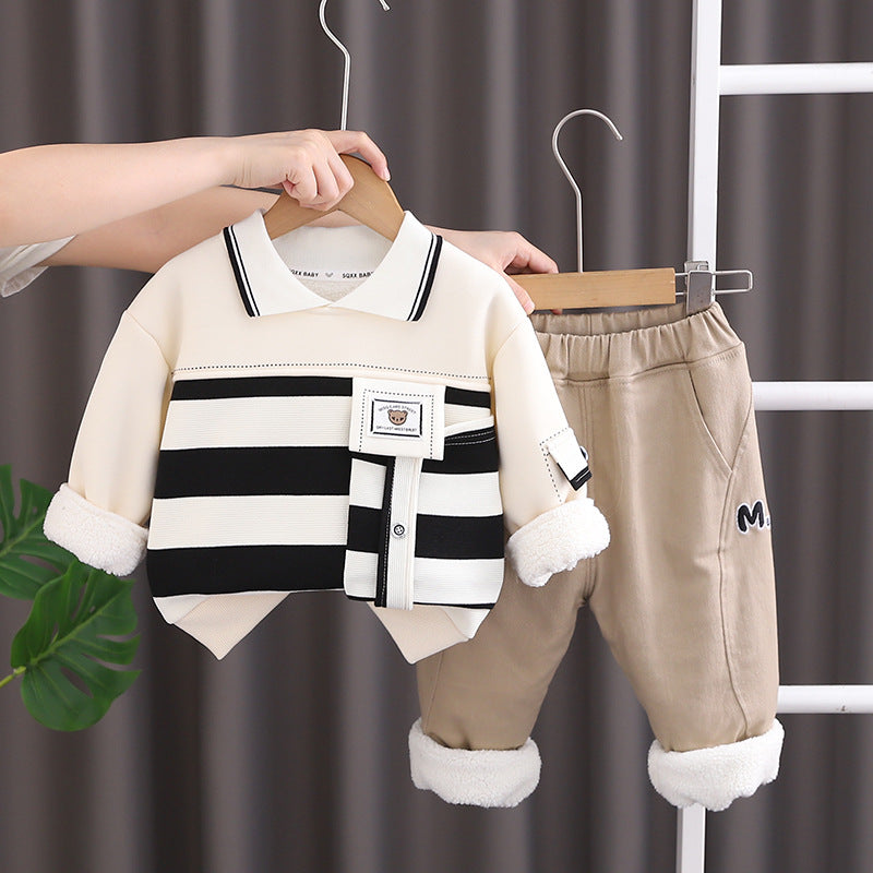 Boy Winter Fleece Lined Striped Polo Shirt & Pants Set