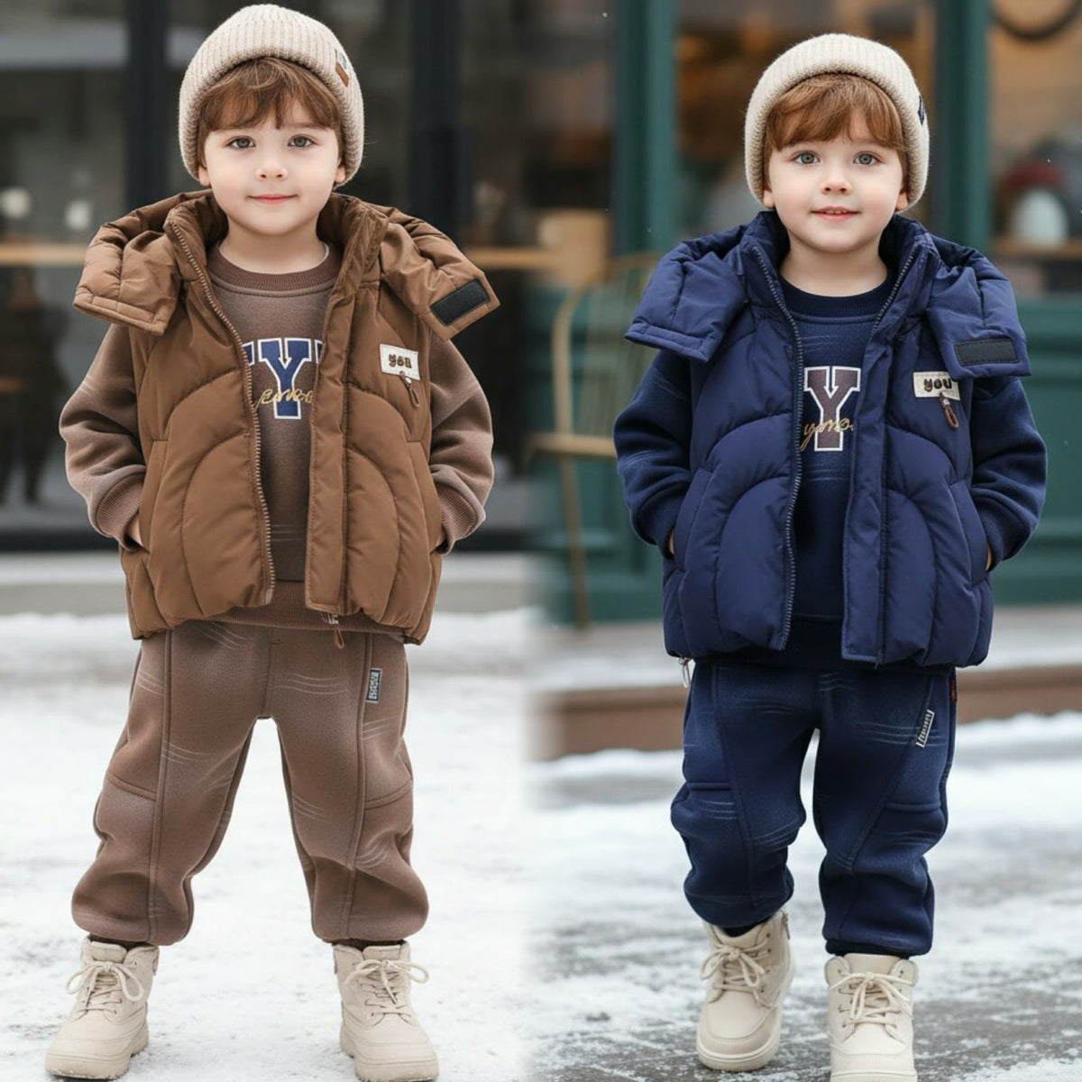 Boy Puffer Vest Jacket with Hoodie and Pants Set