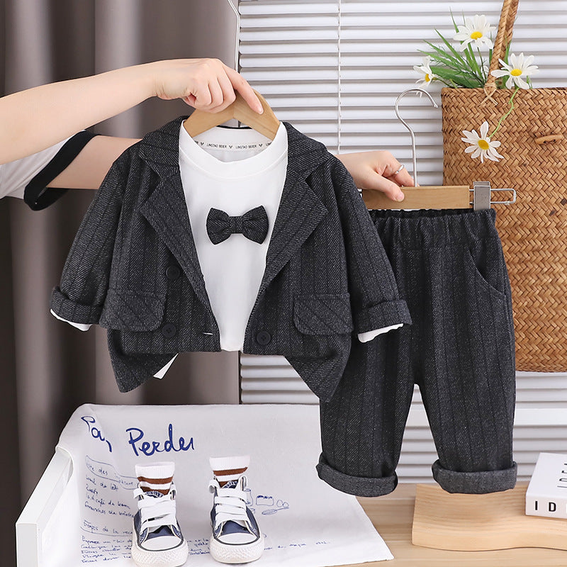 Boy Striped Bow Tie Blazer Jacket and Pants Set