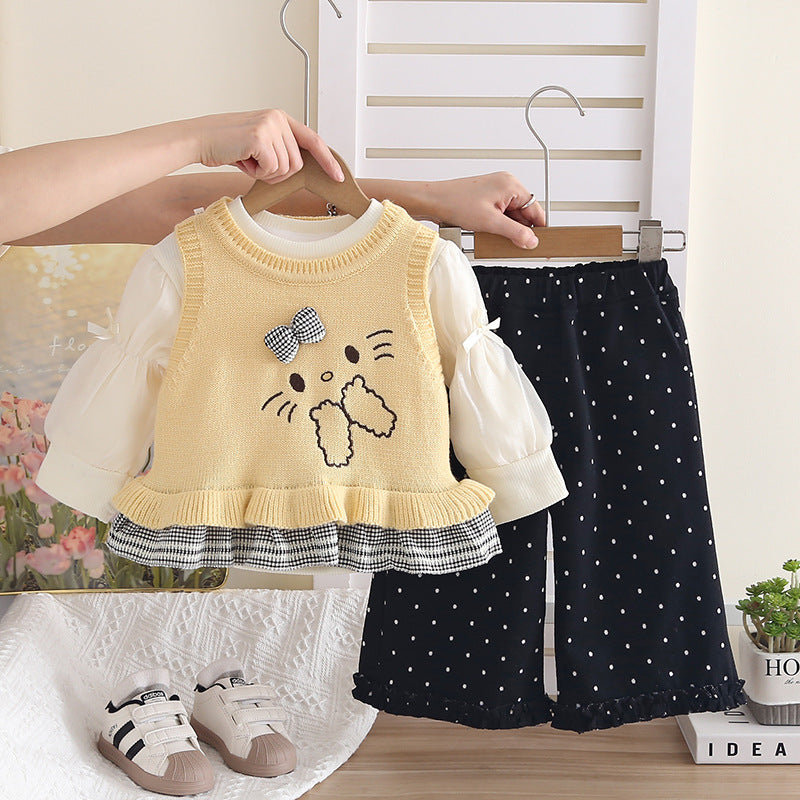 Girl Cute Cat Knit & Polka Dot Pants Set