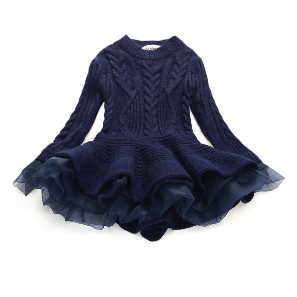 Style Knit Long Sleeve Princess Girls Sweater Dress