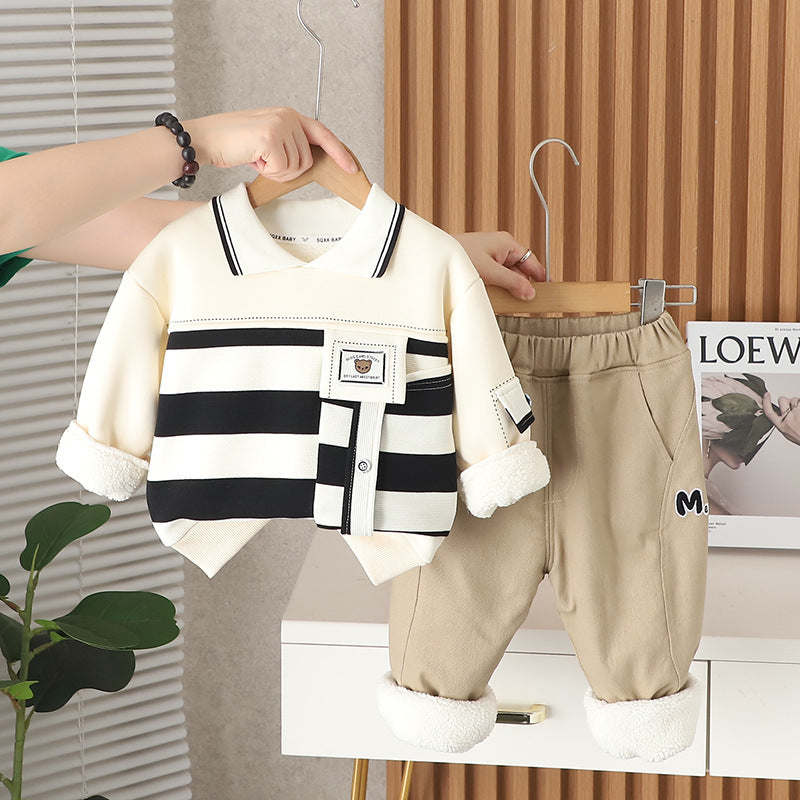 Boy Winter Fleece Lined Striped Polo Shirt & Pants Set