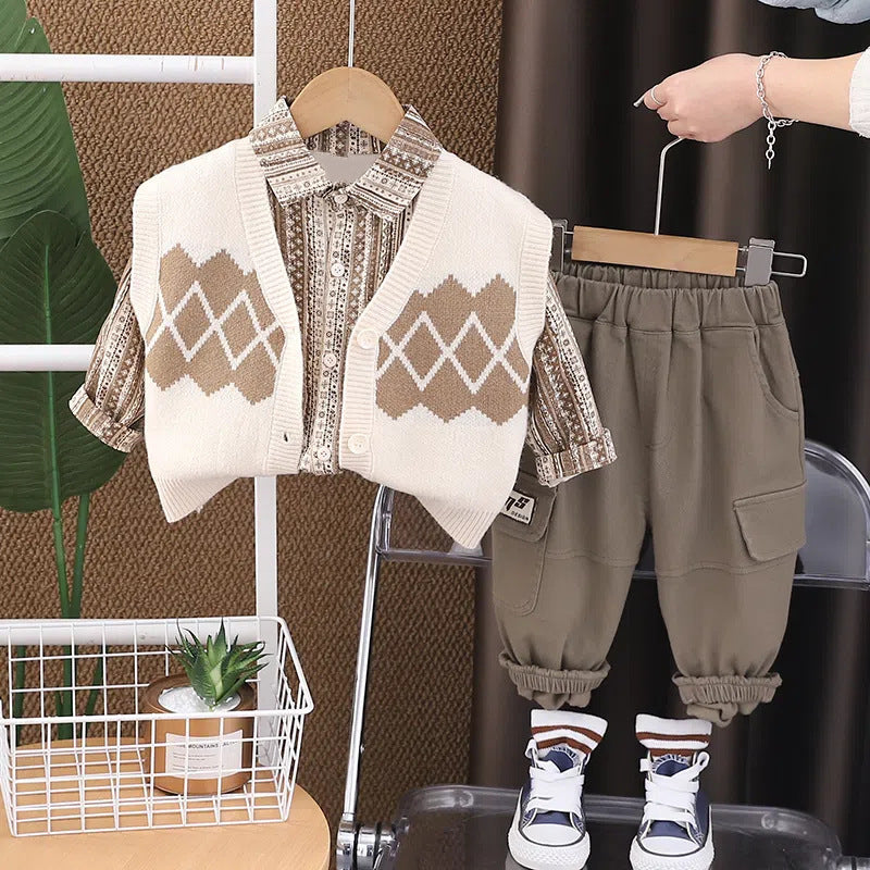 Boy Argyle Vest, Shirt & Cargo Pants Set
