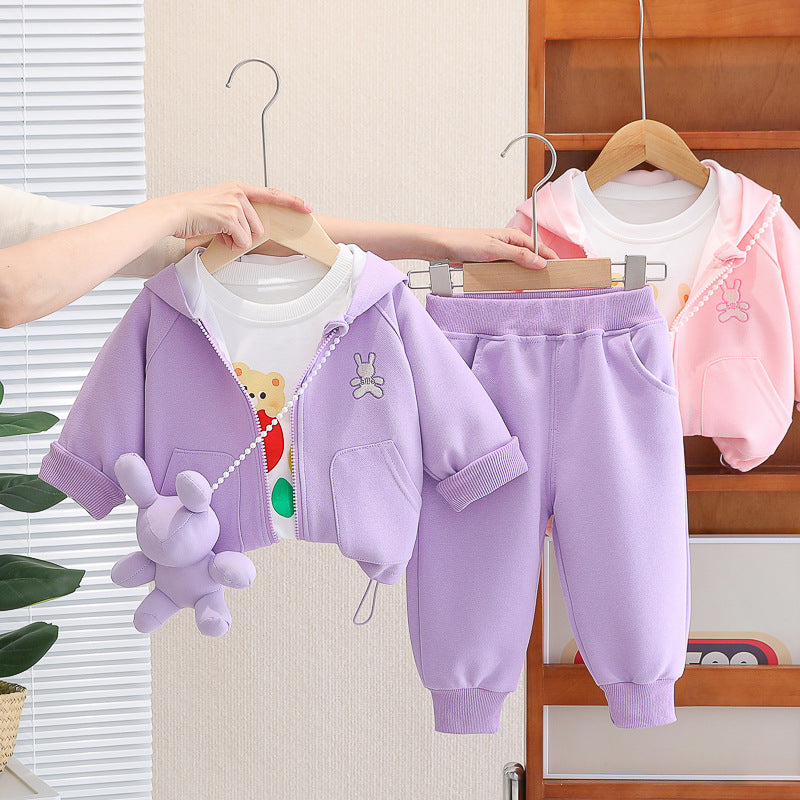 Girls Rabbit Print Zipper Hoodie 3-Piece Set 0-4 Years