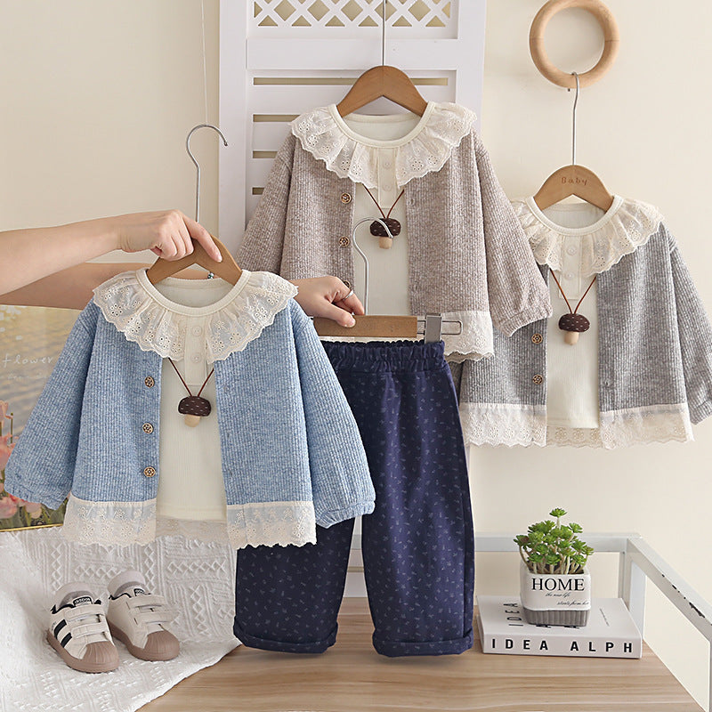 Girl Vintage Lace Collar Cardigan, Top & Pants 3-Piece Set
