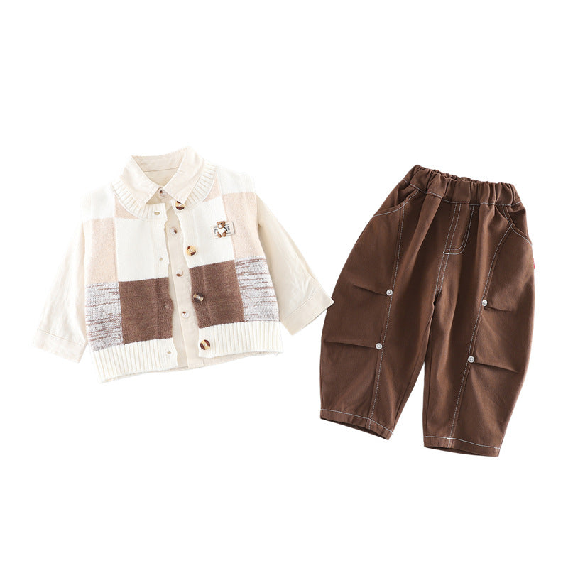 Boy Plaid Knit Vest, Shirt & Brown Pants Set