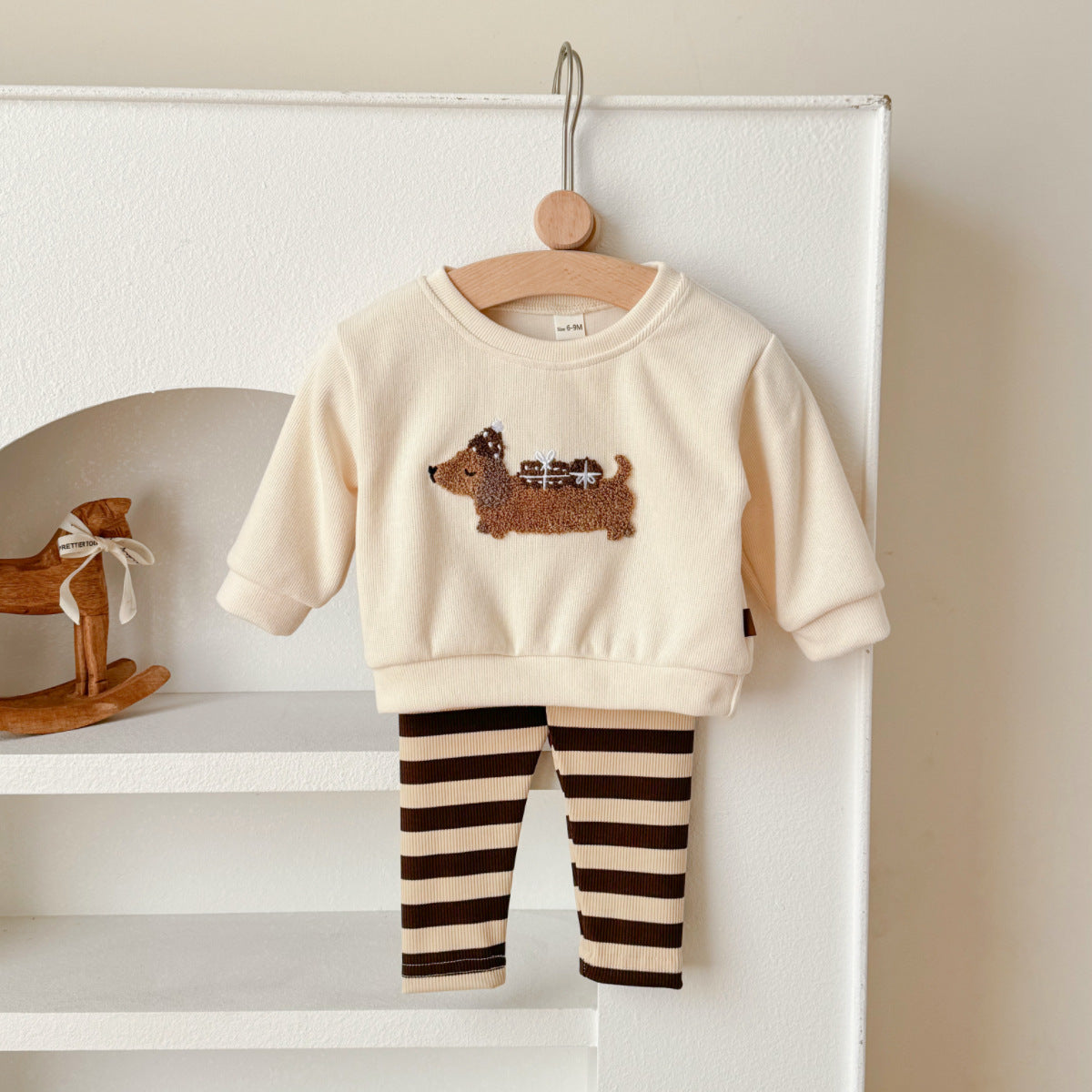 Cute puppy patch hoodie striped pants set