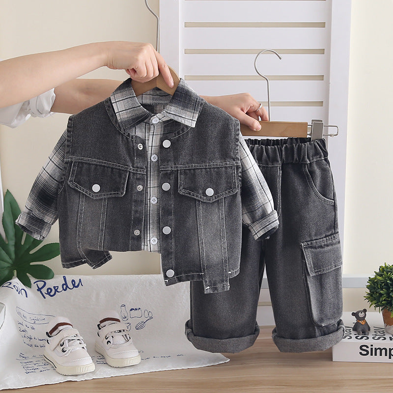 Boy Plaid Denim Vest, Shirt & Cargo Pants Set