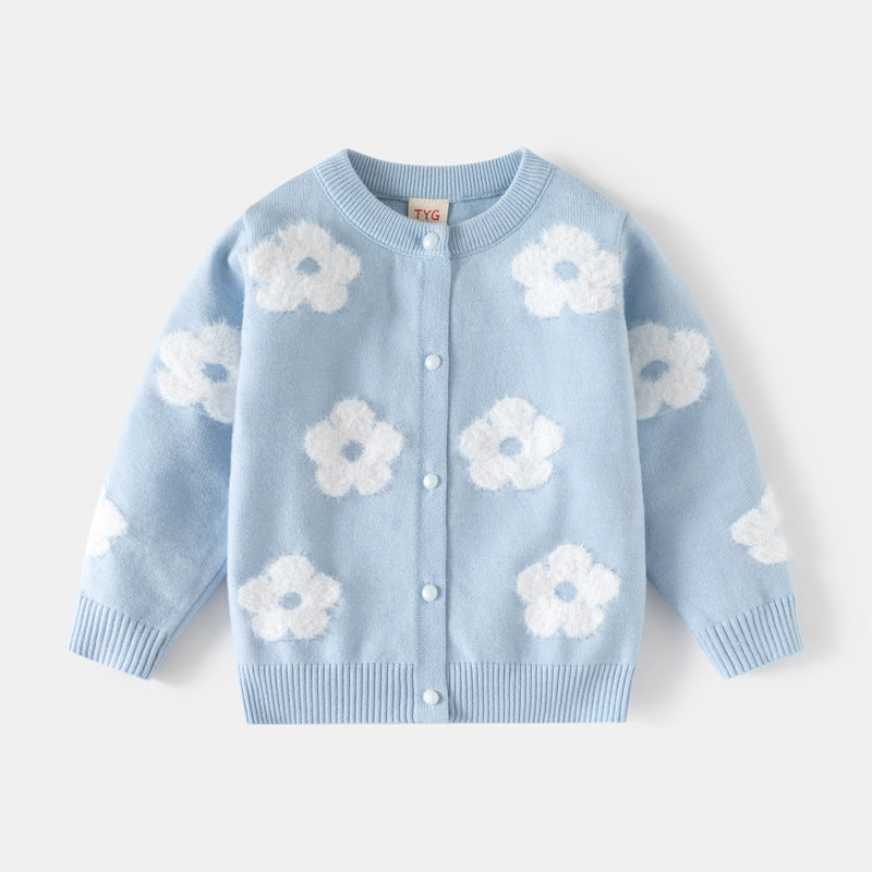 Girl Blue Floral Button Cardigan Sweater