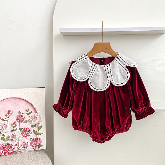Girls Burgundy Long Sleeve Petal Collar Kids Christmas Dress