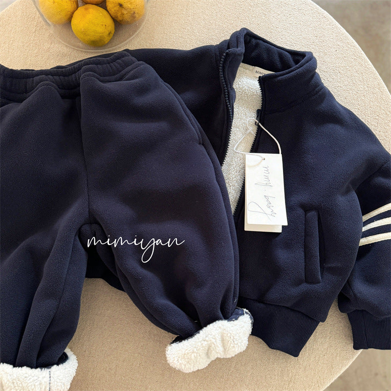 Boy & Girl Striped Sleeve Sherpa Fleece Jacket & Joggers Set
